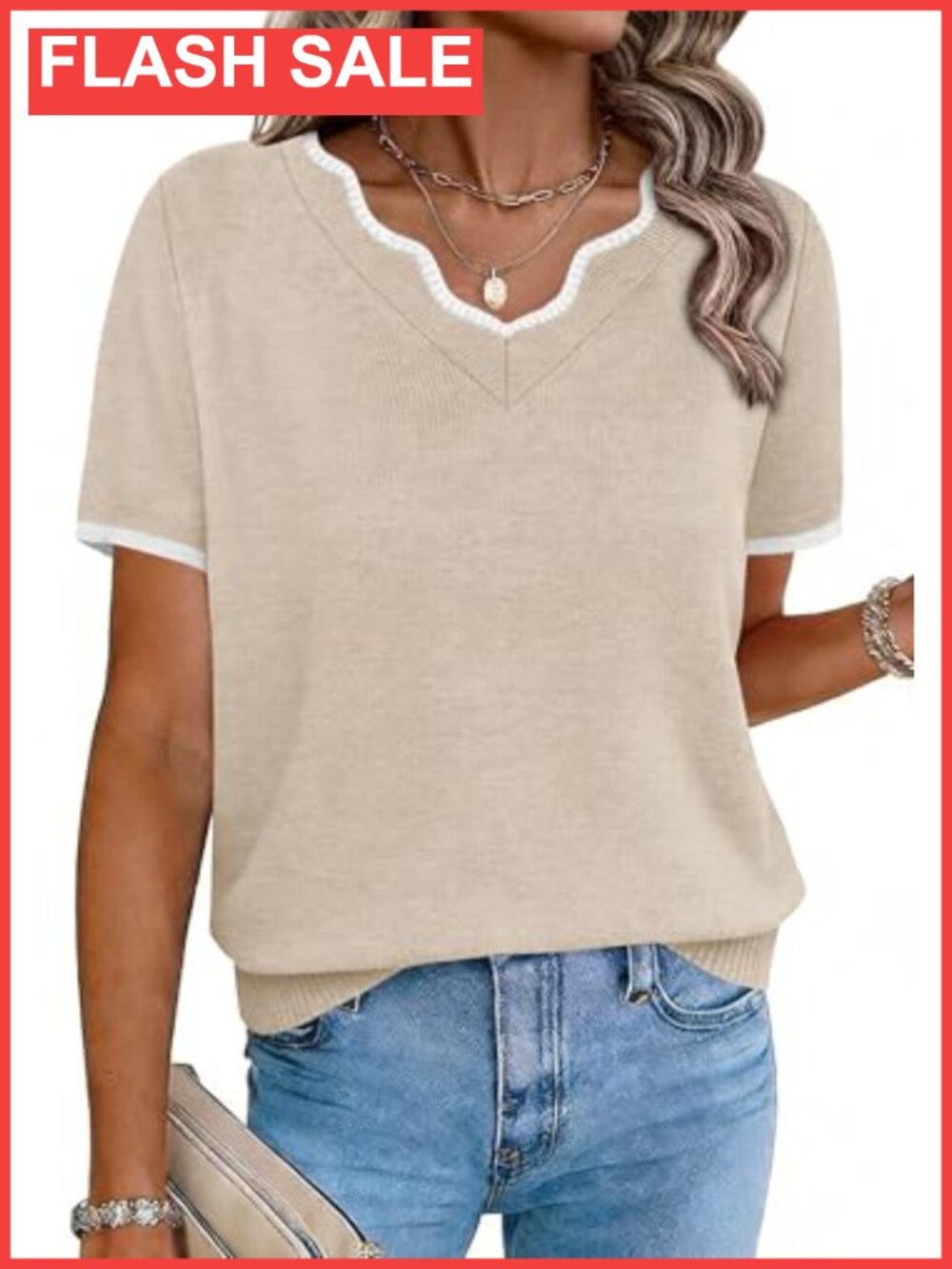 Women's V Neck Short Sleeve Lightweight Knit Sweater Relaxed Fit Pullover